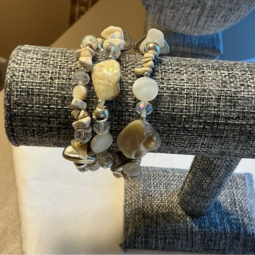 Triple Strand Cream and Silver Bead Bracelet